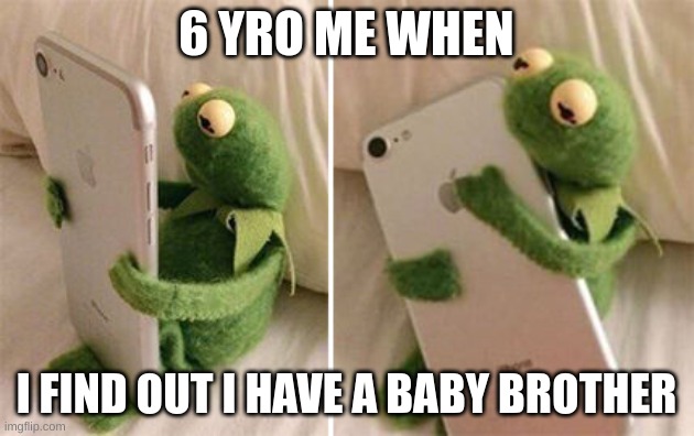 Kermit Hugging Phone | 6 YRO ME WHEN; I FIND OUT I HAVE A BABY BROTHER | image tagged in kermit hugging phone | made w/ Imgflip meme maker