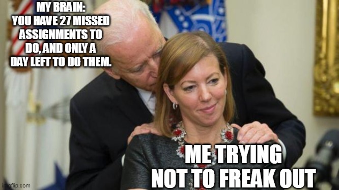 All those missed assignments coming back to haunt me LOL | MY BRAIN: YOU HAVE 27 MISSED ASSIGNMENTS TO DO, AND ONLY A DAY LEFT TO DO THEM. ME TRYING NOT TO FREAK OUT | image tagged in creepy joe biden | made w/ Imgflip meme maker
