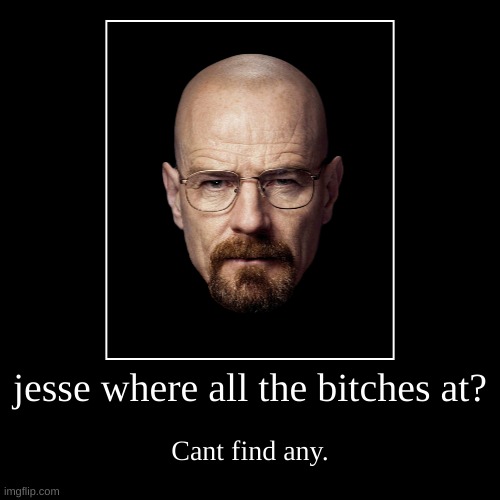 jesse where all the bitches at? | Cant find any. | image tagged in funny,demotivationals | made w/ Imgflip demotivational maker