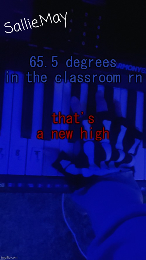 Sallie's temp by hannibal | 65.5 degrees in the classroom rn; that's a new high | image tagged in sallie's temp by hannibal | made w/ Imgflip meme maker