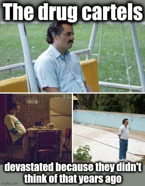 Sad Pablo Escobar Meme | The drug cartels devastated because they didn't
think of that years ago | image tagged in memes,sad pablo escobar | made w/ Imgflip meme maker
