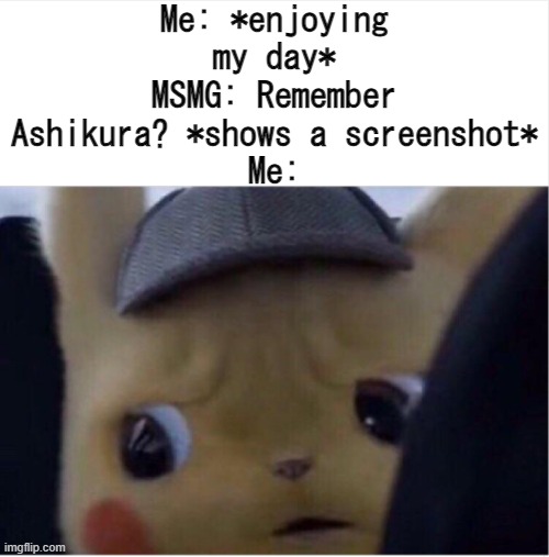 what the actual fu- | Me: *enjoying my day*
MSMG: Remember Ashikura? *shows a screenshot*
Me: | image tagged in unsettled pikachu | made w/ Imgflip meme maker