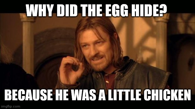 Why did the egg hide | WHY DID THE EGG HIDE? BECAUSE HE WAS A LITTLE CHICKEN | image tagged in sean bean lord of the rings,fun | made w/ Imgflip meme maker