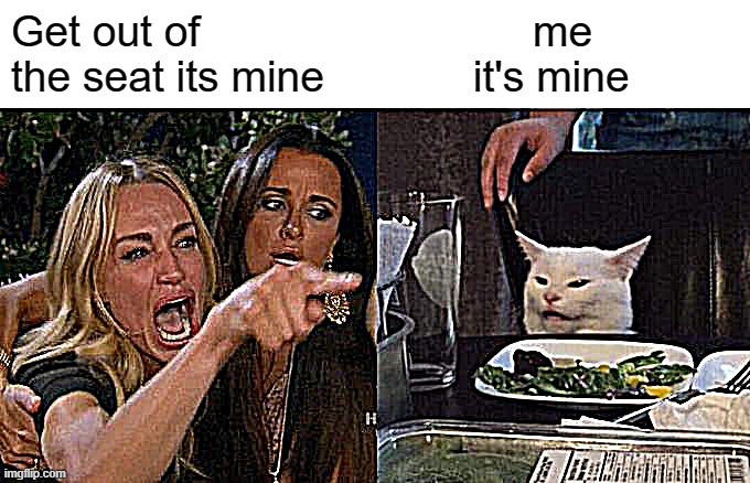 Woman Yelling At Cat | Get out of the seat its mine; me
       it's mine | image tagged in memes,woman yelling at cat | made w/ Imgflip meme maker