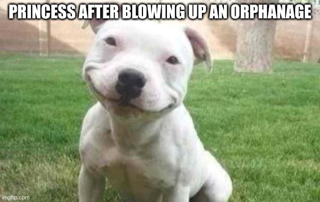 Smiling Pitbull | PRINCESS AFTER BLOWING UP AN ORPHANAGE | image tagged in smiling pitbull | made w/ Imgflip meme maker