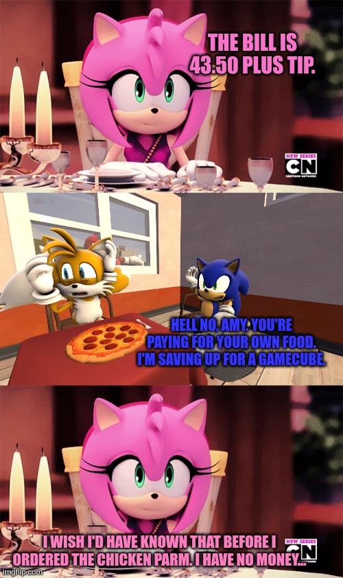 Amy rose problems | THE BILL IS 43.50 PLUS TIP. HELL NO, AMY. YOU'RE PAYING FOR YOUR OWN FOOD. I'M SAVING UP FOR A GAMECUBE. I WISH I'D HAVE KNOWN THAT BEFORE I ORDERED THE CHICKEN PARM. I HAVE NO MONEY... | image tagged in amy rose,problems,sonic the hedgehog | made w/ Imgflip meme maker