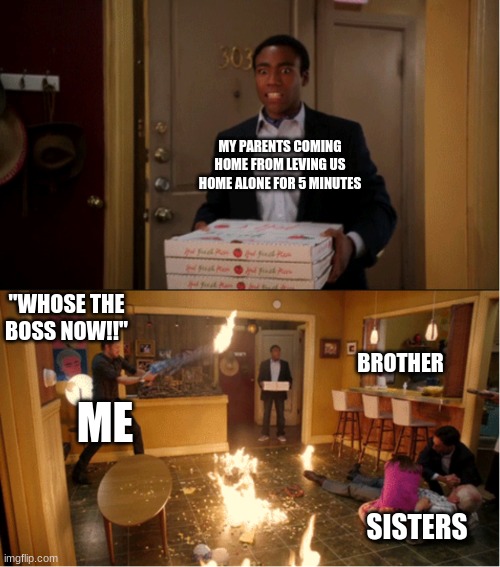 True | MY PARENTS COMING HOME FROM LEVING US HOME ALONE FOR 5 MINUTES; "WHOSE THE BOSS NOW!!"; BROTHER; ME; SISTERS | image tagged in community fire pizza meme | made w/ Imgflip meme maker