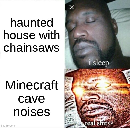 Insert decent title | haunted house with chainsaws; Minecraft cave noises | image tagged in memes,sleeping shaq | made w/ Imgflip meme maker
