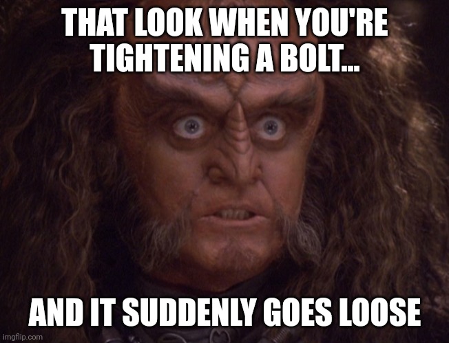 Gowron, His eyes crazy. | THAT LOOK WHEN YOU'RE TIGHTENING A BOLT... AND IT SUDDENLY GOES LOOSE | image tagged in gowron his eyes crazy | made w/ Imgflip meme maker