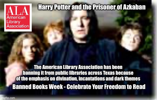Banned Books Week Poster (Harry Potter and the Prisoner ofAzkaban) | Harry Potter and the Prisoner of Azkaban; The American Library Association has been banning it from public libraries across Texas because of the emphasis on divination, incantations and dark themes; Banned Books Week - Celebrate Your Freedom to Read | image tagged in harry potter,banned,library,libraries,texas,literature | made w/ Imgflip meme maker