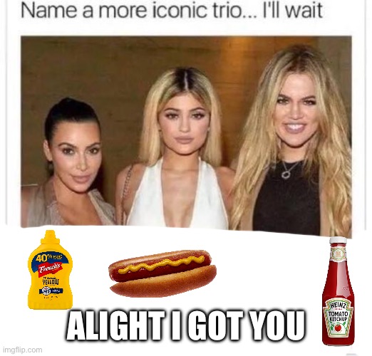 Can’t be this iconic trio down below | ALIGHT I GOT YOU | image tagged in name a more iconic trio,hotdog,ketchup,mustard | made w/ Imgflip meme maker