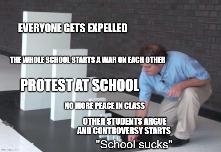 It's Best To Keep Silent | EVERYONE GETS EXPELLED; THE WHOLE SCHOOL STARTS A WAR ON EACH OTHER; PROTEST AT SCHOOL; NO MORE PEACE IN CLASS; OTHER STUDENTS ARGUE AND CONTROVERSY STARTS; "School sucks" | image tagged in domino effect,school,math | made w/ Imgflip meme maker