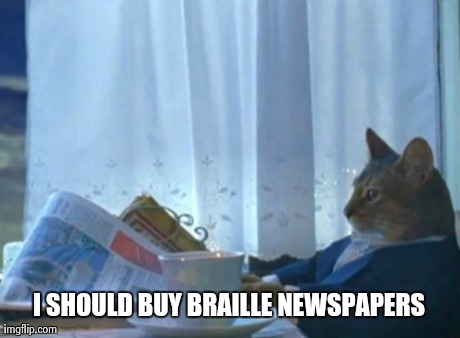 I Should Buy A Boat Cat Meme | I SHOULD BUY BRAILLE NEWSPAPERS | image tagged in memes,i should buy a boat cat,AdviceAnimals | made w/ Imgflip meme maker