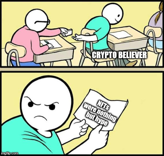 NFT | CRYPTO BELIEVER; NFTs were nothing but hype | image tagged in nft | made w/ Imgflip meme maker