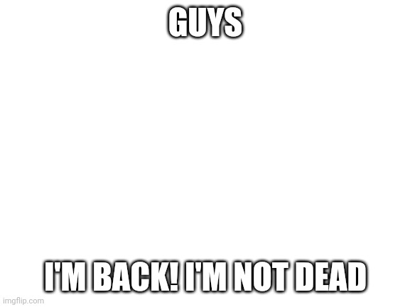 I'm not dead guys | GUYS; I'M BACK! I'M NOT DEAD | image tagged in blank white template | made w/ Imgflip meme maker