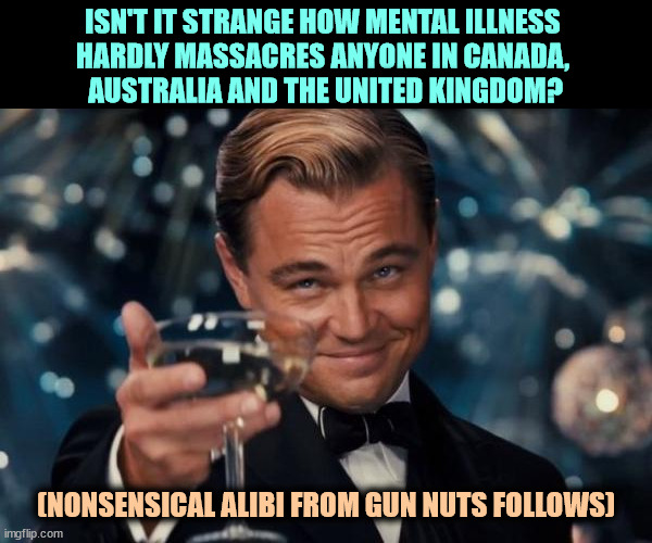 Beware of low-flying lame excuses. | ISN'T IT STRANGE HOW MENTAL ILLNESS 
HARDLY MASSACRES ANYONE IN CANADA, 
AUSTRALIA AND THE UNITED KINGDOM? (NONSENSICAL ALIBI FROM GUN NUTS FOLLOWS) | image tagged in memes,leonardo dicaprio cheers,mass shootings,america,mental illness,second amendment | made w/ Imgflip meme maker