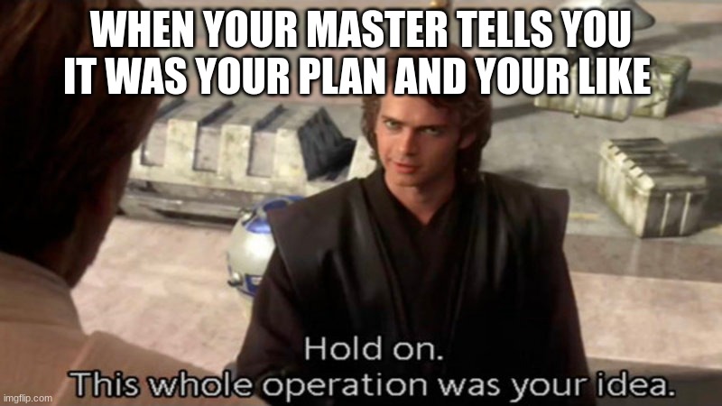 Hold on. This whole operation was your idea. | WHEN YOUR MASTER TELLS YOU IT WAS YOUR PLAN AND YOUR LIKE | image tagged in hold on this whole operation was your idea | made w/ Imgflip meme maker