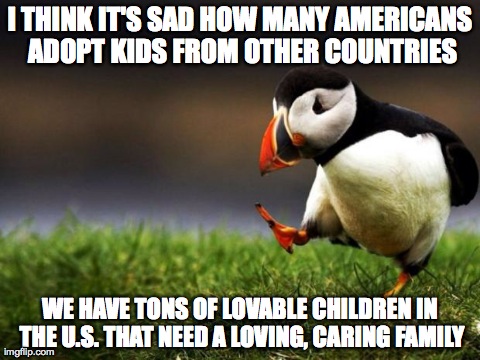 Unpopular Opinion Puffin Meme | I THINK IT'S SAD HOW MANY AMERICANS ADOPT KIDS FROM OTHER COUNTRIES WE HAVE TONS OF LOVABLE CHILDREN IN THE U.S. THAT NEED A LOVING, CARING  | image tagged in memes,unpopular opinion puffin,AdviceAnimals | made w/ Imgflip meme maker