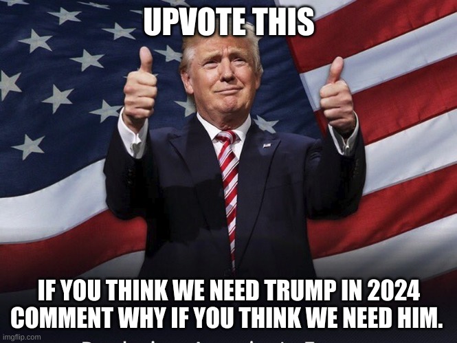 TRUMP 2024-Lets Go Brandon. | UPVOTE THIS; IF YOU THINK WE NEED TRUMP IN 2024
COMMENT WHY IF YOU THINK WE NEED HIM. | image tagged in donald trump,upvotes | made w/ Imgflip meme maker