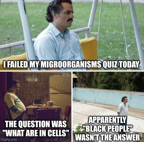 Sad Pablo Escobar | I FAILED MY MIGROORGANISMS QUIZ TODAY; APPARENTLY "BLACK PEOPLE" WASN'T THE ANSWER; THE QUESTION WAS "WHAT ARE IN CELLS" | image tagged in memes,sad pablo escobar | made w/ Imgflip meme maker