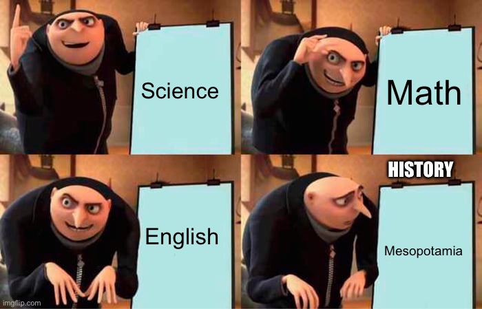 Gru's Plan Meme | Science; Math; HISTORY; English; Mesopotamia | image tagged in memes,gru's plan | made w/ Imgflip meme maker