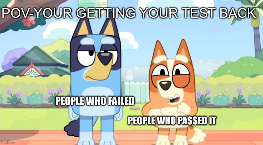 Why me | POV-YOUR GETTING YOUR TEST BACK; PEOPLE WHO FAILED; PEOPLE WHO PASSED IT | image tagged in bluey unimpressed bingo happy,school,memes,funny memes,lolz,fun | made w/ Imgflip meme maker