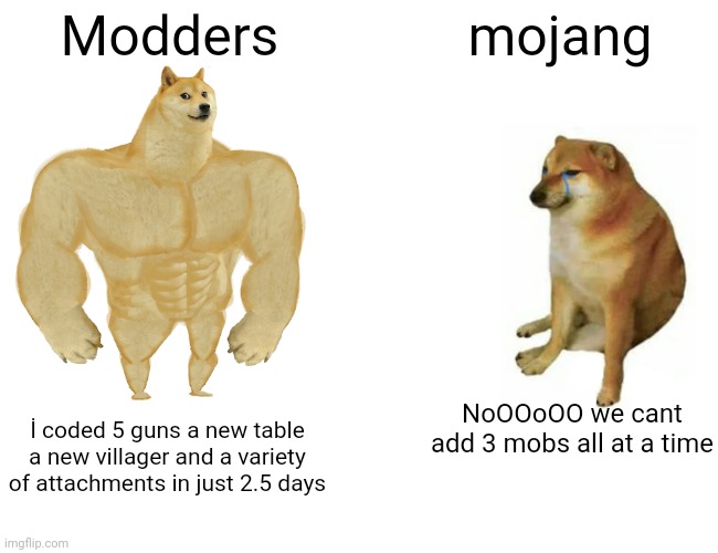 Sad and funny at the Same time | Modders; mojang; NoOOoOO we cant add 3 mobs all at a time; İ coded 5 guns a new table a new villager and a variety of attachments in just 2.5 days | image tagged in memes,buff doge vs cheems | made w/ Imgflip meme maker