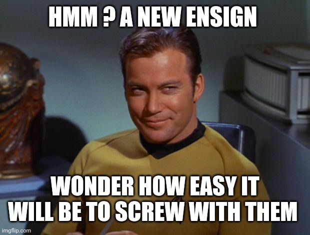 Kirk Smirk | HMM ? A NEW ENSIGN WONDER HOW EASY IT WILL BE TO SCREW WITH THEM | image tagged in kirk smirk | made w/ Imgflip meme maker
