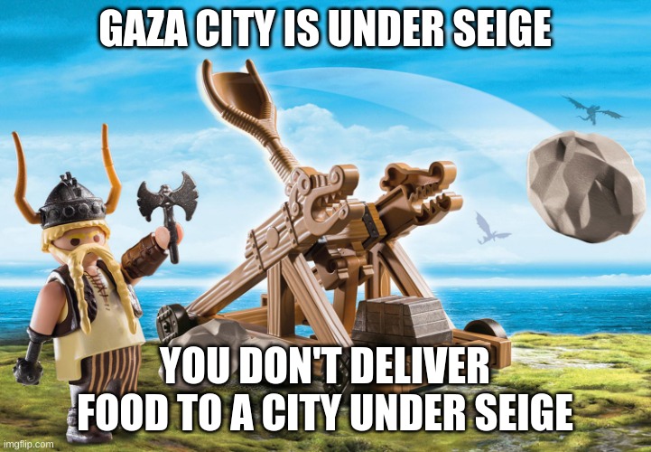 gaza | GAZA CITY IS UNDER SEIGE; YOU DON'T DELIVER FOOD TO A CITY UNDER SEIGE | image tagged in catapulte playmobile | made w/ Imgflip meme maker