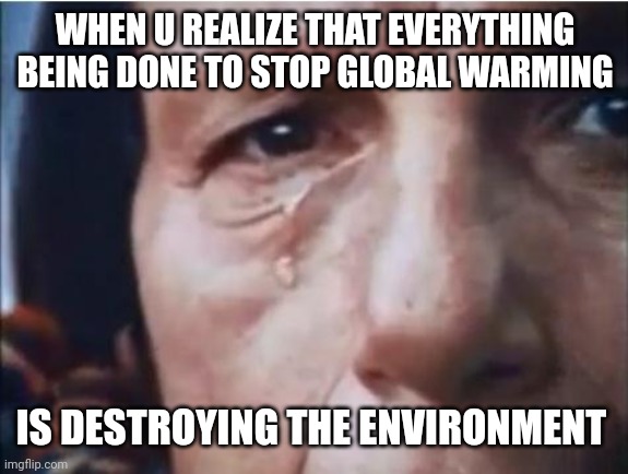 Reality | WHEN U REALIZE THAT EVERYTHING BEING DONE TO STOP GLOBAL WARMING; IS DESTROYING THE ENVIRONMENT | image tagged in crying indian,environmental protection agency,liberal logic,facts | made w/ Imgflip meme maker