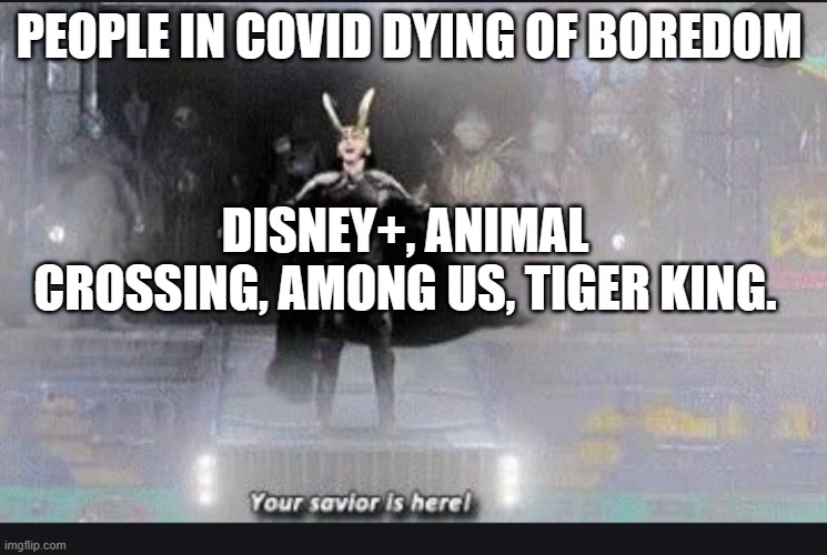 2020 heros | PEOPLE IN COVID DYING OF BOREDOM; DISNEY+, ANIMAL CROSSING, AMONG US, TIGER KING. | image tagged in your savior is here | made w/ Imgflip meme maker