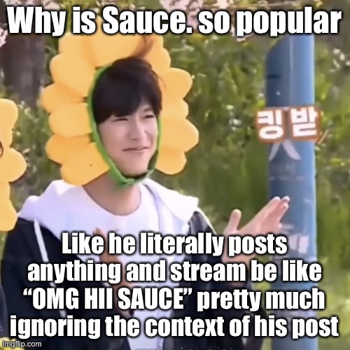 I’ve seen him in 2021 and he was a pretty average user | Why is Sauce. so popular; Like he literally posts anything and stream be like “OMG HII SAUCE” pretty much ignoring the context of his post | made w/ Imgflip meme maker