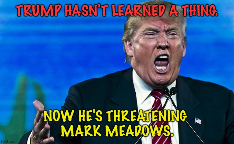 He may wind up behind bars yet. | TRUMP HASN'T LEARNED A THING. NOW HE'S THREATENING 
MARK MEADOWS. | image tagged in angry trump | made w/ Imgflip meme maker