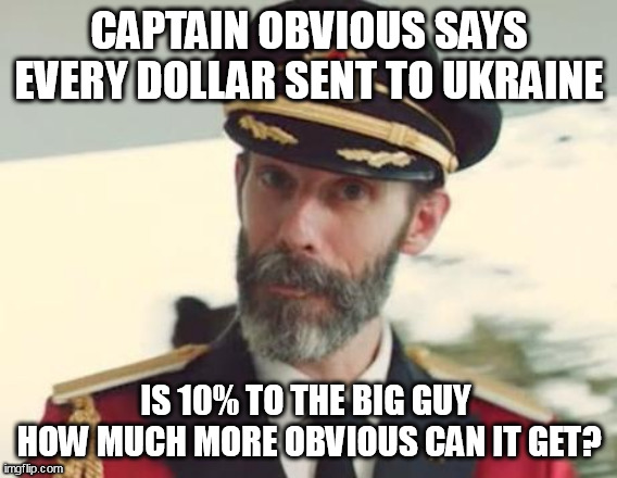 ARE YOU FREAKING BLIND? | CAPTAIN OBVIOUS SAYS
EVERY DOLLAR SENT TO UKRAINE; IS 10% TO THE BIG GUY 
HOW MUCH MORE OBVIOUS CAN IT GET? | image tagged in captain obvious,corruption,ukraine,democrats | made w/ Imgflip meme maker