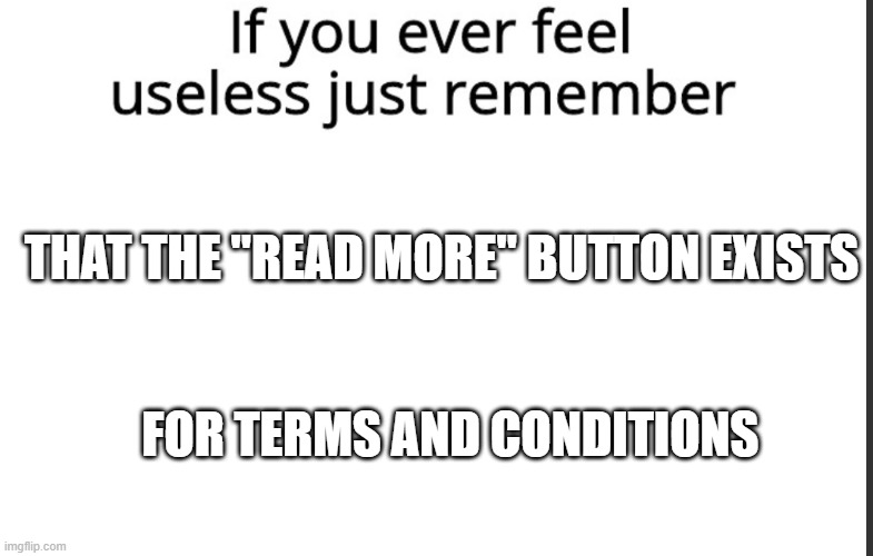 i bet $1000 u never clicked this button | THAT THE "READ MORE" BUTTON EXISTS; FOR TERMS AND CONDITIONS | image tagged in if you ever feel useless remember this,terms and conditions | made w/ Imgflip meme maker
