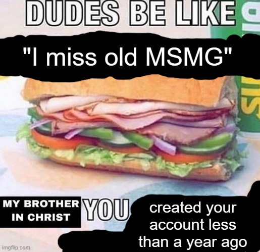 Brother in Christ Subway | "I miss old MSMG"; created your account less than a year ago | made w/ Imgflip meme maker