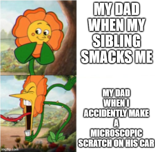 reverse cuphead flower | MY DAD WHEN MY SIBLING SMACKS ME; MY DAD WHEN I ACCIDENTLY MAKE A MICROSCOPIC SCRATCH ON HIS CAR | image tagged in reverse cuphead flower | made w/ Imgflip meme maker