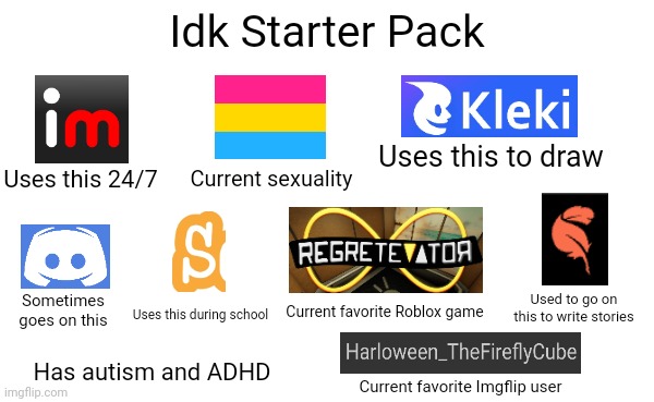 I got motivation to make this after watching an Emkay video [I can't fit everything on one image] | Idk Starter Pack; Uses this to draw; Uses this 24/7; Current sexuality; Used to go on this to write stories; Sometimes goes on this; Uses this during school; Current favorite Roblox game; Has autism and ADHD; Current favorite Imgflip user | image tagged in wide white template,idk stuff s o u p carck | made w/ Imgflip meme maker