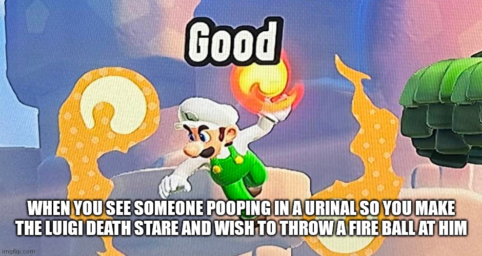Never poop in urinals or else Luigi is coming after you through the pipes | WHEN YOU SEE SOMEONE POOPING IN A URINAL SO YOU MAKE THE LUIGI DEATH STARE AND WISH TO THROW A FIRE BALL AT HIM | image tagged in angry luigi,luigi death stare,mario bros wonder,mario memes,memes,funny memes | made w/ Imgflip meme maker