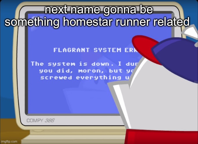 Flagrant System Error | next name gonna be something homestar runner related | image tagged in flagrant system error | made w/ Imgflip meme maker