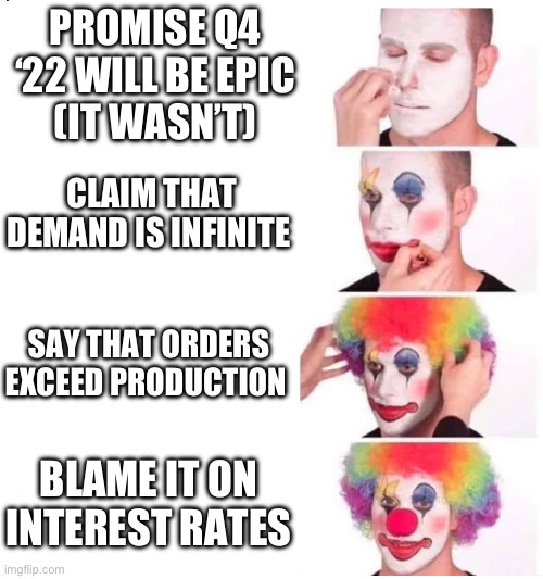 Elon Musk’s false promises to Tesla shareholders | PROMISE Q4 ‘22 WILL BE EPIC
(IT WASN’T); CLAIM THAT DEMAND IS INFINITE; SAY THAT ORDERS EXCEED PRODUCTION; BLAME IT ON INTEREST RATES | image tagged in clown makeup,elon musk,tesla,stonks | made w/ Imgflip meme maker