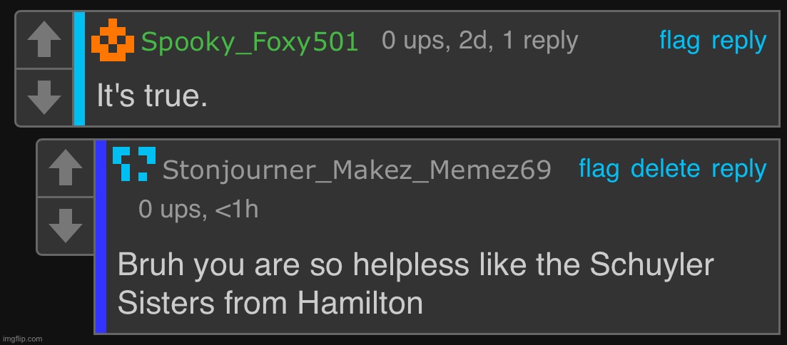 Bro thinks Foxy_501 is helpless like the Schuyler Sisters from Hamilton | image tagged in rare,insult,hamilton | made w/ Imgflip meme maker