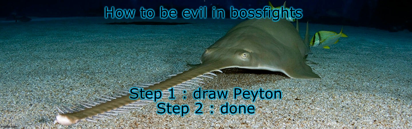 If this gets 11 upvotes and one mod title edit i will (done) | How to be evil in bossfights; Step 1 : draw Peyton
Step 2 : done | image tagged in cool sawfish | made w/ Imgflip meme maker