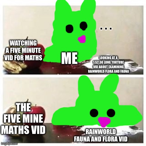 NomNom | …; WATCHING A FIVE MINUTE VID FOR MATHS; ME; LOOKING AT A 1:52:30 LONG YOUTUBE VID ABOUT EXAMINING RAINWORLD FLORA AND FAUNA; THE FIVE MINE MATHS VID; RAINWORLD FAUNA AND FLORA VID | image tagged in elmo cocaine,rainworld,memes | made w/ Imgflip meme maker