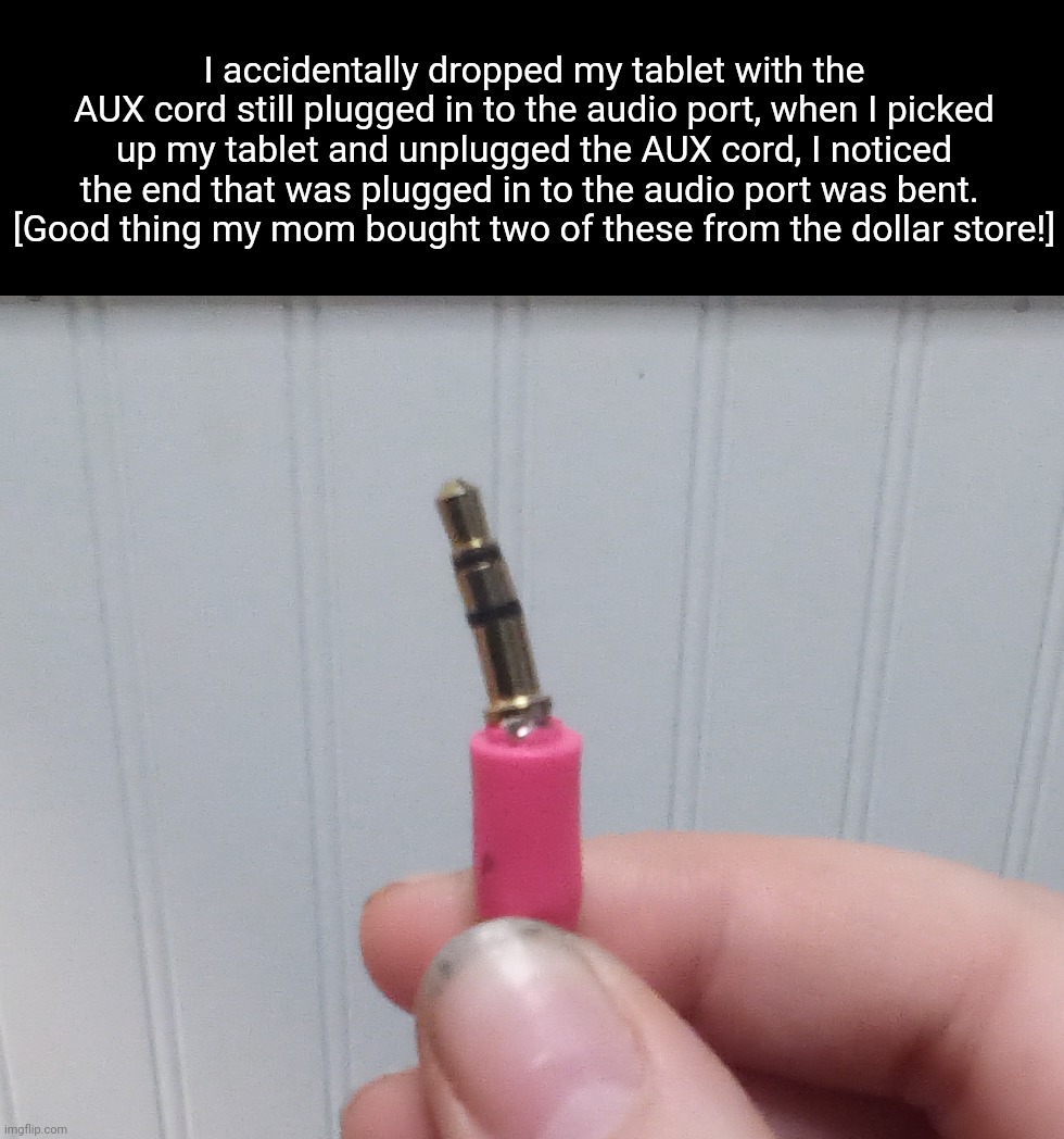 I accidentally dropped my tablet with the AUX cord still plugged in to the audio port, when I picked up my tablet and unplugged the AUX cord, I noticed the end that was plugged in to the audio port was bent. 
[Good thing my mom bought two of these from the dollar store!] | image tagged in idk stuff s o u p carck | made w/ Imgflip meme maker