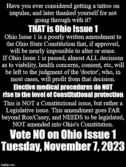 Ohio Issue 1 | Have you ever considered getting a tattoo on
impulse, and later thanked yourself for not
going through with it? THAT is Ohio Issue 1; Ohio Issue 1 is a poorly written amendment to
the Ohio State Constitution that, if approved,
will be nearly impossible to alter or erase.
If Ohio Issue 1 is passed, almost ALL decisions
as to viability, health concerns, consent, etc, will
be left to the judgment of the 'doctor', who, in
most cases, will profit from that decision. Elective medical procedures do NOT
rise to the level of Constitutional protection; This is NOT a Constitutional issue, but rather a
Legislative issue. This amendment goes FAR
beyond Roe/Casey, and NEEDS to be legislated,
NOT amended into Ohio's Constitution. Vote NO on Ohio Issue 1
Tuesday, November 7, 2023 | image tagged in ohio issue 1,ohio abortion,ohio constitution,ohio | made w/ Imgflip meme maker