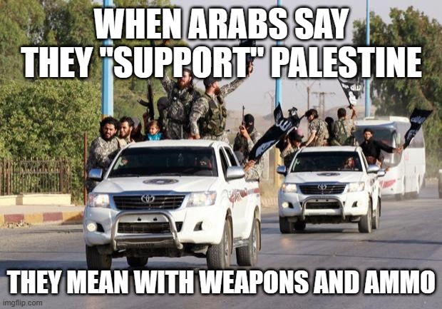 terrorist toyota | WHEN ARABS SAY THEY "SUPPORT" PALESTINE THEY MEAN WITH WEAPONS AND AMMO | image tagged in terrorist toyota | made w/ Imgflip meme maker