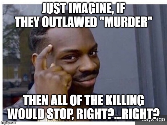 When he thinks ur taking a Plan B pill but really you just poppe | JUST IMAGINE, IF THEY OUTLAWED "MURDER" THEN ALL OF THE KILLING WOULD STOP, RIGHT?...RIGHT? | image tagged in when he thinks ur taking a plan b pill but really you just poppe | made w/ Imgflip meme maker