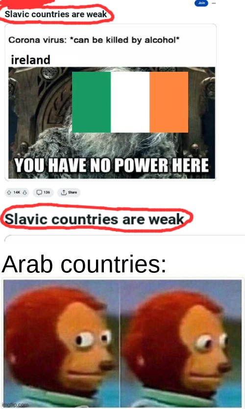 Monkey Puppet | Arab countries: | image tagged in memes,monkey puppet | made w/ Imgflip meme maker
