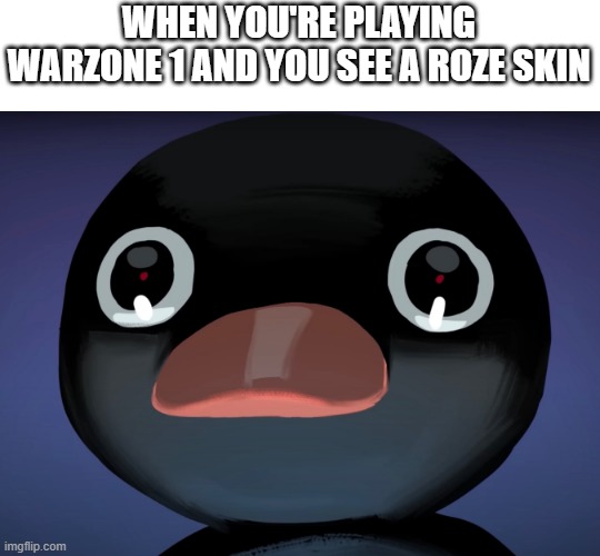 pov warzone players | WHEN YOU'RE PLAYING WARZONE 1 AND YOU SEE A ROZE SKIN | image tagged in pingu stare | made w/ Imgflip meme maker